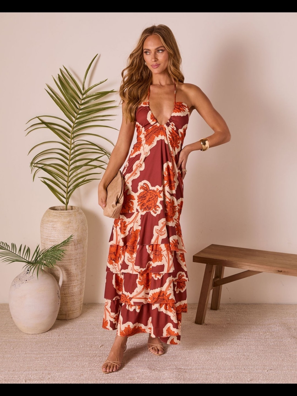 Vici Floral Tiered Maxi Dress in Rust and Cream